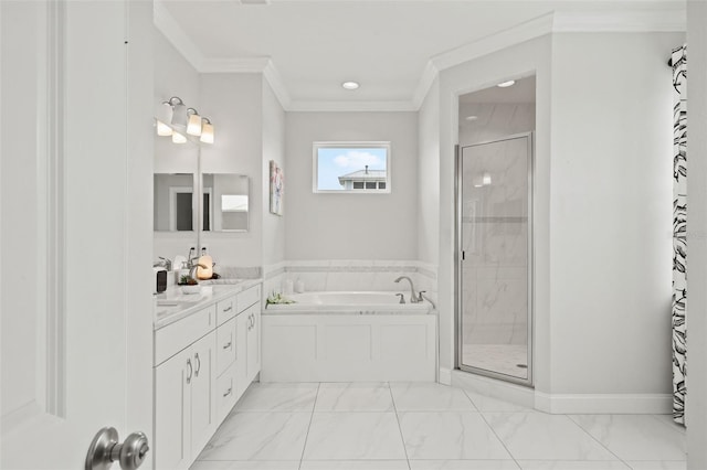 bathroom with crown molding, vanity, and shower with separate bathtub