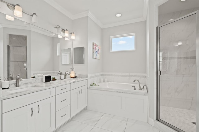 bathroom featuring separate shower and tub, ornamental molding, and vanity