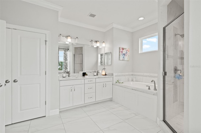 bathroom featuring vanity, ornamental molding, and shower with separate bathtub