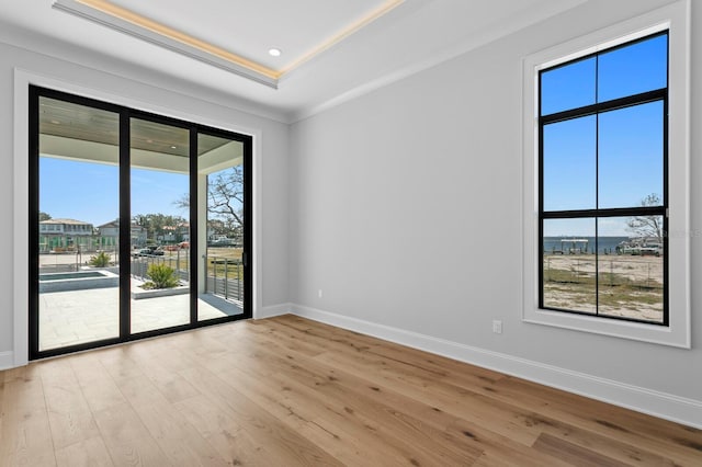 unfurnished room with ornamental molding, a tray ceiling, and light hardwood / wood-style flooring