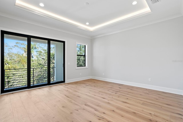 spare room with a tray ceiling and light hardwood / wood-style floors