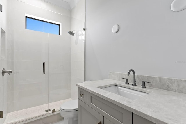 bathroom with vanity, a shower with shower door, and toilet