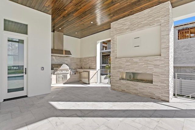 view of patio / terrace featuring area for grilling, a grill, and a tile fireplace