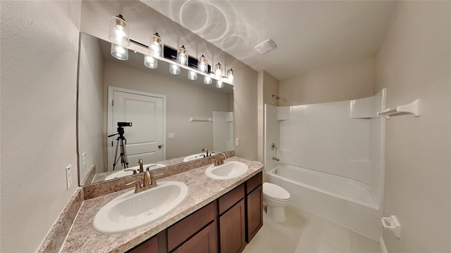 full bathroom with washtub / shower combination, tile patterned floors, vanity, and toilet