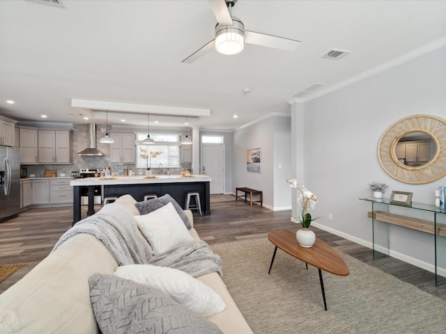 living room featuring dark hardwood / wood-style flooring, ceiling fan, crown molding, and sink