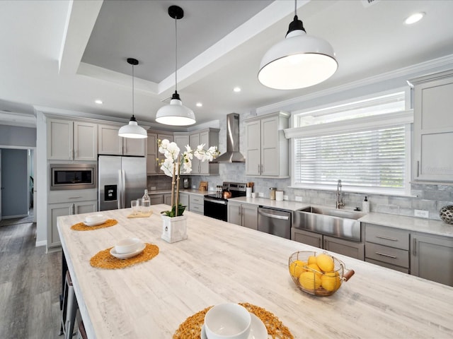 kitchen featuring decorative light fixtures, sink, wall chimney range hood, and stainless steel appliances