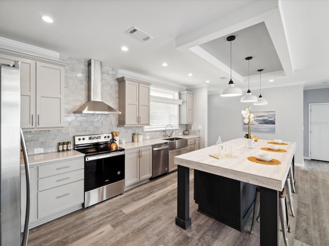 kitchen with appliances with stainless steel finishes, a raised ceiling, wall chimney range hood, hanging light fixtures, and an island with sink