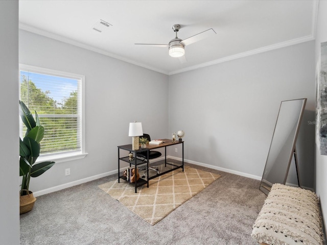 office with light carpet, ceiling fan, and ornamental molding