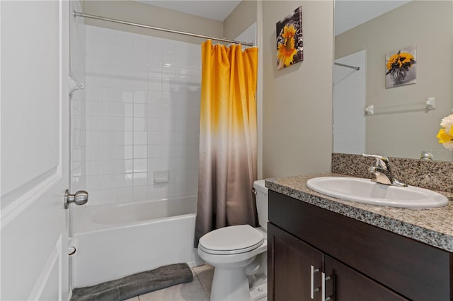 full bathroom with tile patterned flooring, shower / tub combo, vanity, and toilet