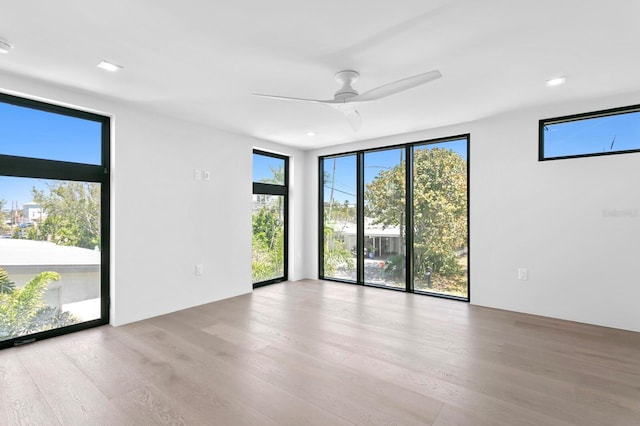 spare room with light hardwood / wood-style flooring, a wealth of natural light, and ceiling fan