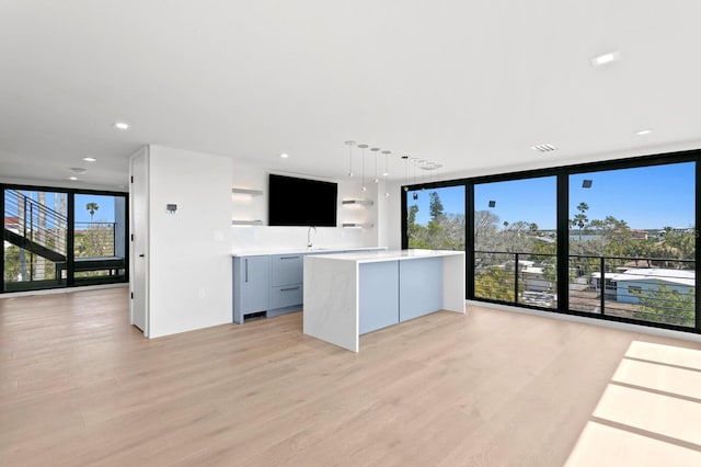 kitchen featuring light wood-type flooring, expansive windows, and a wealth of natural light