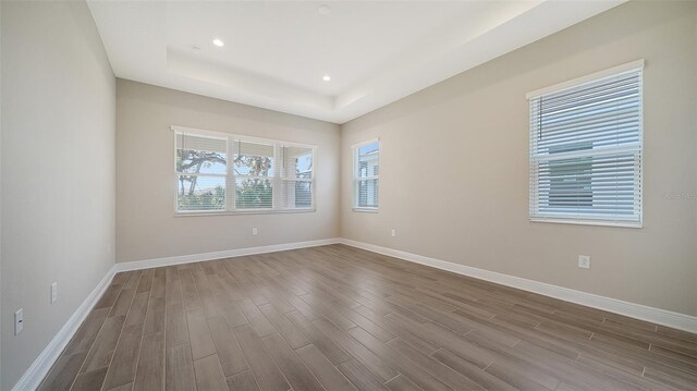 spare room featuring dark hardwood / wood-style flooring and a tray ceiling