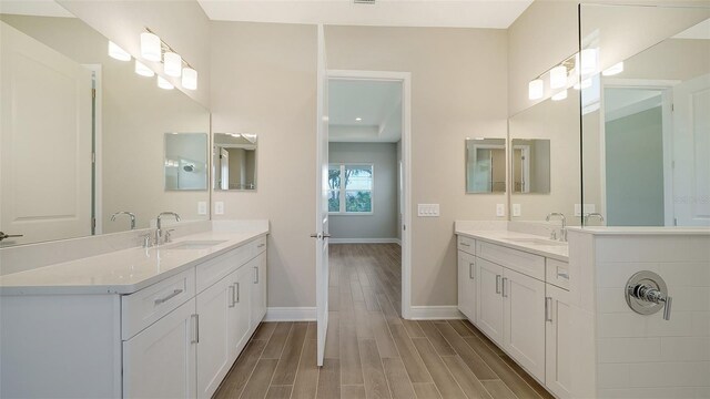 bathroom featuring wood-type flooring and dual bowl vanity