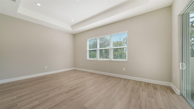 spare room with light hardwood / wood-style floors and a raised ceiling