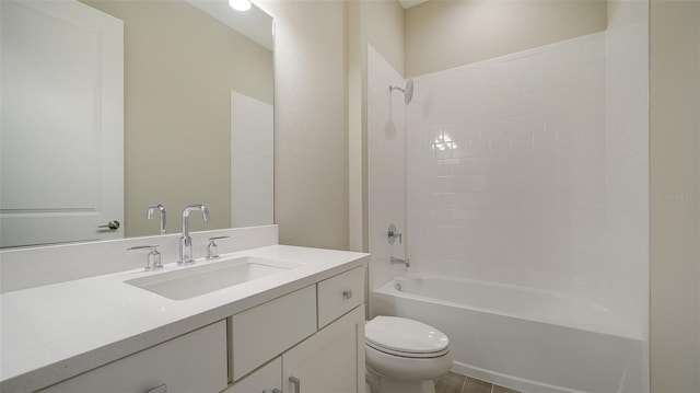 full bathroom with tile floors, toilet, shower / bathing tub combination, and large vanity