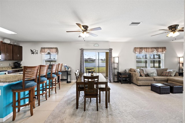 dining space with ceiling fan, plenty of natural light, and a textured ceiling