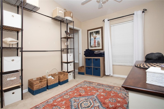 home office with ceiling fan and light colored carpet