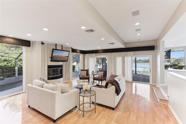 living room with a wealth of natural light and light hardwood / wood-style flooring