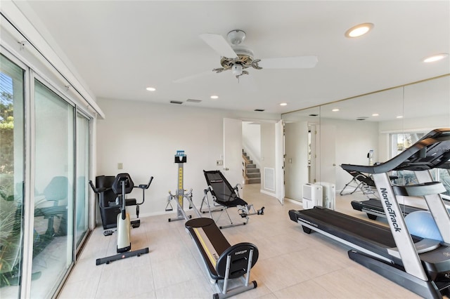 workout area with ceiling fan