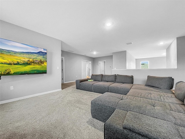 home theater featuring carpet floors, visible vents, baseboards, and recessed lighting