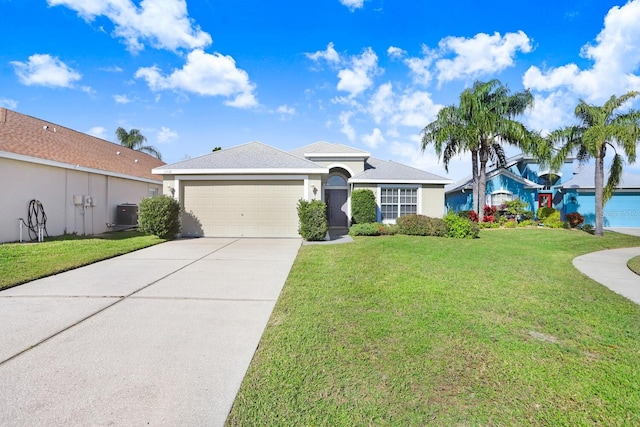 view of front facade featuring a front lawn, concrete driveway, stucco siding, cooling unit, and an attached garage