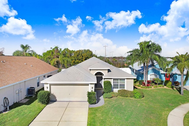 view of front facade with central air condition unit, a front yard, stucco siding, a garage, and driveway