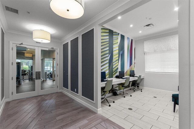 office space featuring french doors, visible vents, and ornamental molding