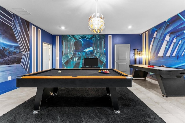 recreation room with recessed lighting, visible vents, a notable chandelier, and billiards