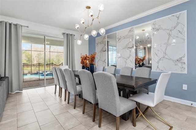 dining space with an inviting chandelier and ornamental molding