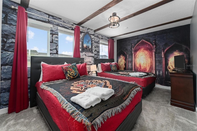 bedroom featuring beam ceiling and carpet flooring