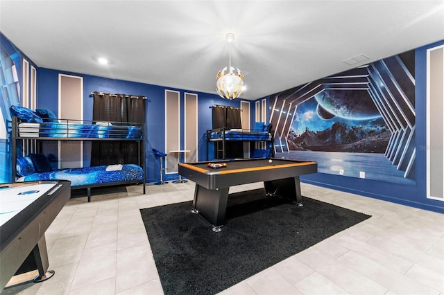 game room with light tile patterned floors, pool table, and visible vents