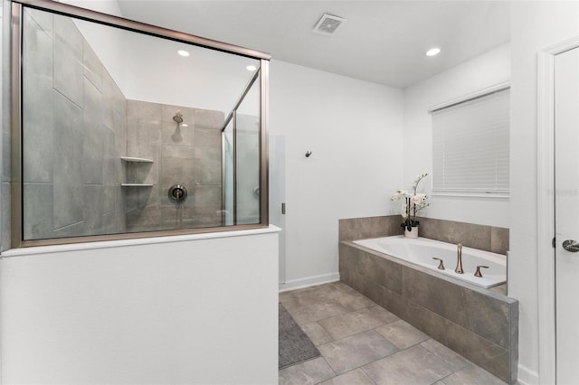 full bath with recessed lighting, visible vents, a tile shower, a bath, and tile patterned floors