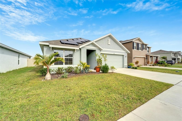 view of front of house featuring solar panels and a front lawn