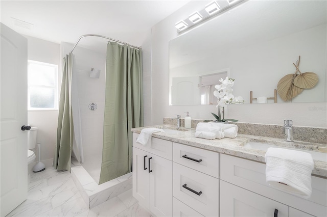 bathroom with vanity, toilet, and walk in shower