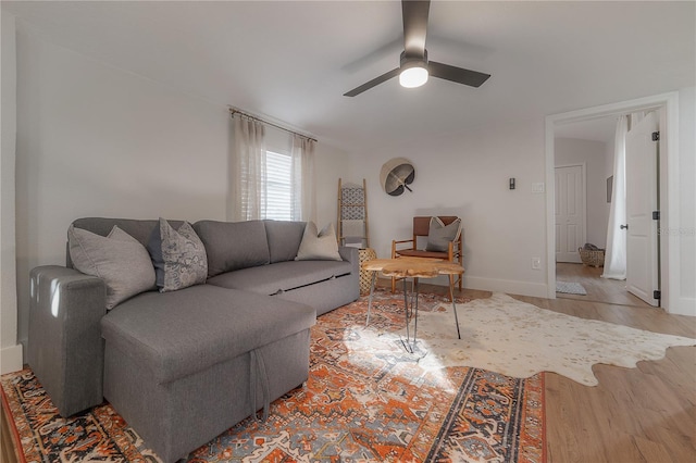 living room with ceiling fan and light hardwood / wood-style floors