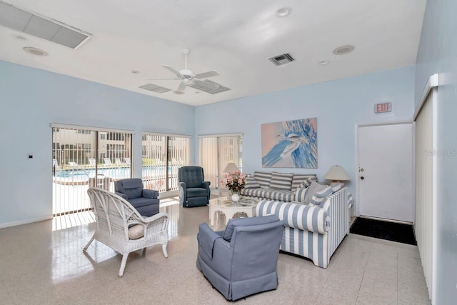 bedroom featuring ceiling fan and access to exterior