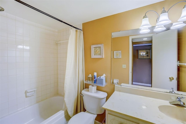 full bathroom featuring a chandelier, vanity, toilet, and shower / bathtub combination with curtain