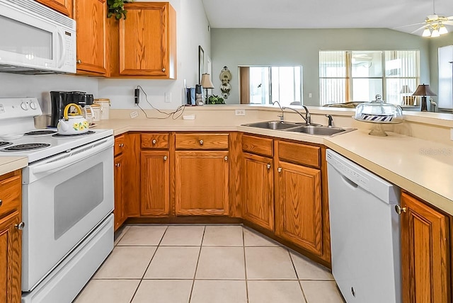 kitchen featuring ceiling fan, sink, kitchen peninsula, white appliances, and light tile patterned floors