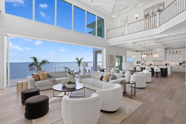 living room with a water view, hardwood / wood-style flooring, a healthy amount of sunlight, and a towering ceiling