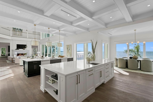 kitchen featuring plenty of natural light, decorative light fixtures, a large island, and white cabinets