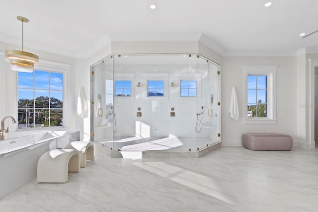 bathroom with independent shower and bath, ornamental molding, and plenty of natural light