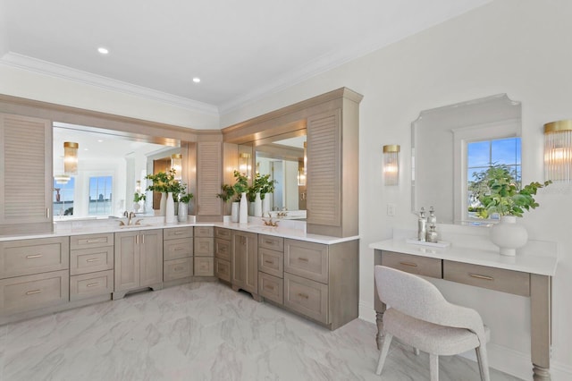 bathroom featuring vanity and ornamental molding