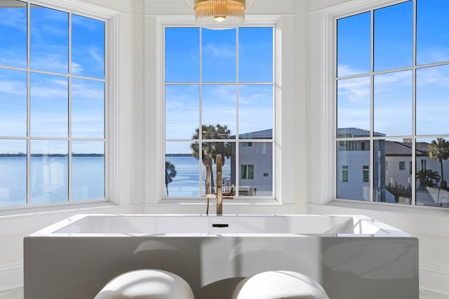 room details with a washtub and a water view