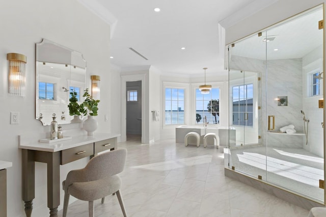 bathroom with ornamental molding, walk in shower, and vanity