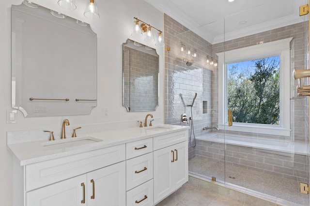 bathroom with independent shower and bath, tile patterned flooring, vanity, and crown molding