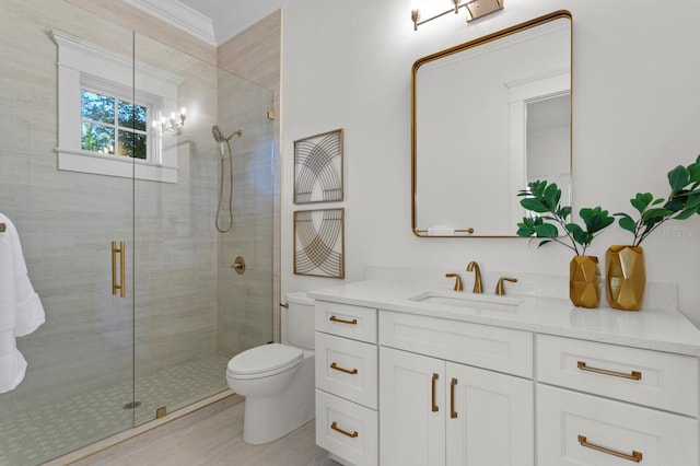 bathroom with a shower with shower door, vanity, and toilet