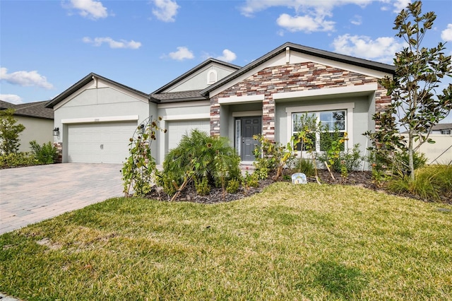 ranch-style home with a garage and a front yard