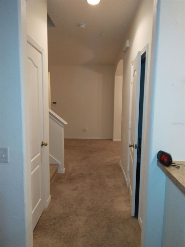 hallway featuring light carpet