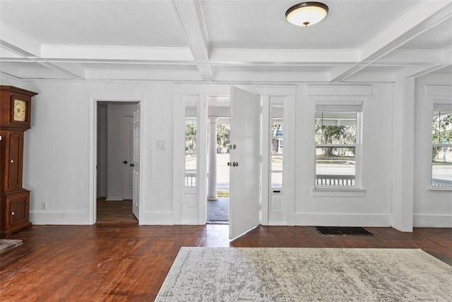 foyer with coffered ceiling, beamed ceiling, and dark hardwood / wood-style flooring