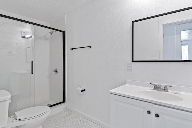 bathroom featuring walk in shower, toilet, vanity, and tile flooring